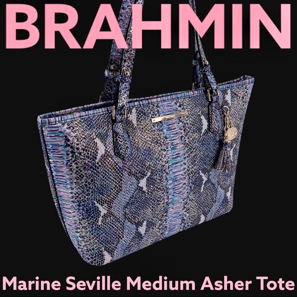 BRAHMIN MARINE SEVILLE BLUE PINK MEDIUM ASHER TOTE - Picture 3 of 10